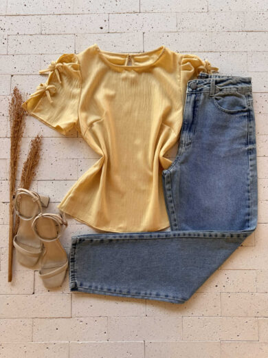 Dondoca_com_br Blusa Detalhe Lacinhos Na Manga Amarelo