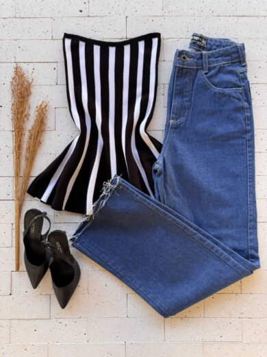 Dondoca_com_br Blusa Modal Tomara Que Caia Peplum Listrada Preta