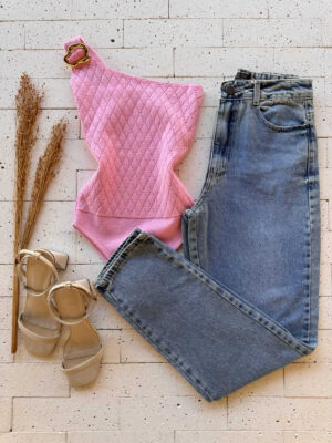 Dondoca_com_br Body Modal Um Ombro So Detalhe Fivela Rosa