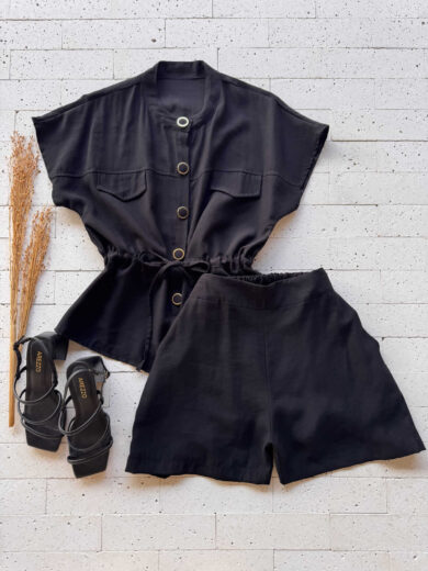 Dondoca_com_br Conjunto Blusa Botoes E Lacinho E Short Preto