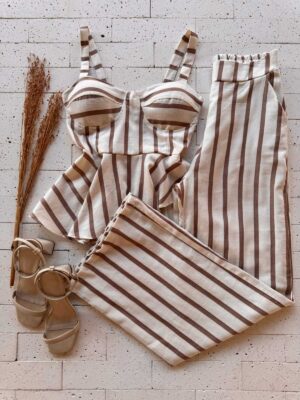 Dondoca_com_br Conjunto Listrado Regata Peplum Assimetrico E Pantalona Nude