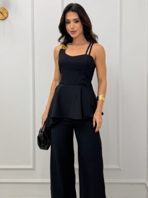 Dondoca_com_br Conjunto Peplum Assimetrico Detalhe Alca E Pantalona Preto