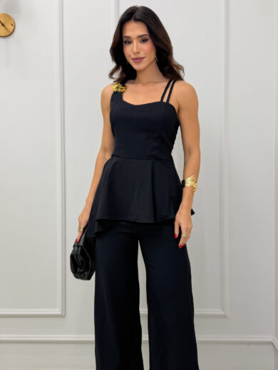 Dondoca_com_br Conjunto Peplum Assimetrico Detalhe Alca E Pantalona Preto
