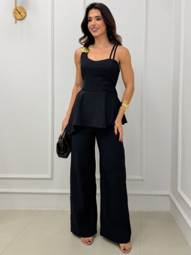 Dondoca_com_br Conjunto Peplum Assimetrico Detalhe Alca E Pantalona Preto