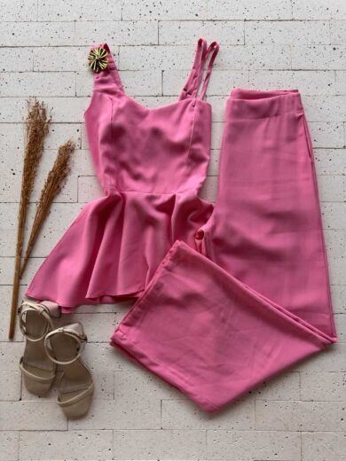Dondoca_com_br Conjunto Peplum Assimetrico Detalhe Alca E Pantalona Rosa