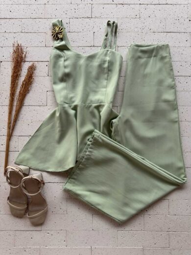 Dondoca_com_br Conjunto Peplum Assimetrico Detalhe Alca E Pantalona Verde