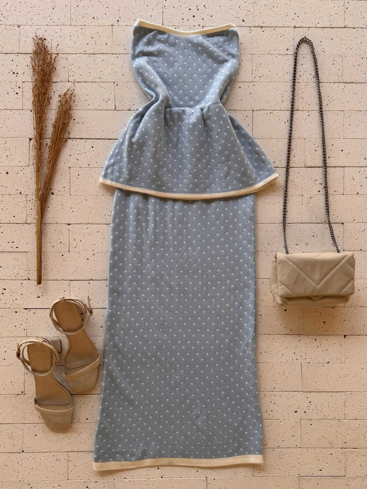 Dondoca_com_br Conjunto Poa Modal Peplum E Saia Midi Azul