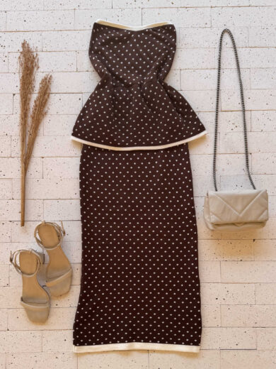 Dondoca_com_br Conjunto Poa Modal Peplum E Saia Midi Cafe