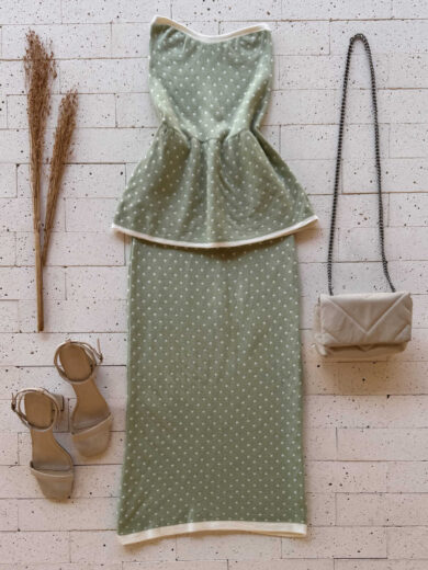 Dondoca_com_br Conjunto Poa Modal Peplum E Saia Midi Pistache