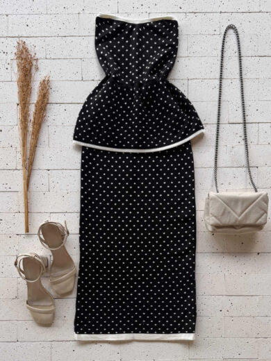 Dondoca_com_br Conjunto Poa Modal Peplum E Saia Midi Preto
