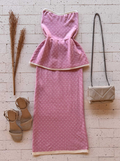 Dondoca_com_br Conjunto Poa Modal Peplum E Saia Midi Rosa