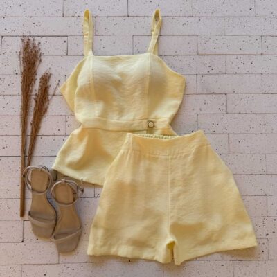 Dondoca_com_br Conjunto Regata Com Botao Lateral E Short Amarelo