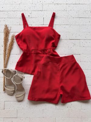 Dondoca_com_br Conjunto Regata Com Botao Lateral E Short Vermelho