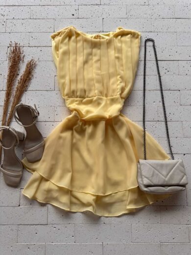 Dondoca_com_br Vestido Curto Com Short Embutido Chifon Detalhe Pregas Amarelo