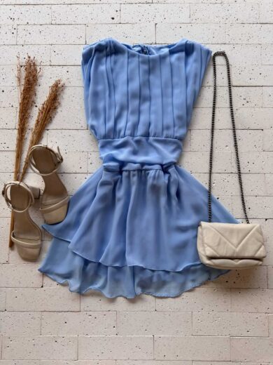 Dondoca_com_br Vestido Curto Com Short Embutido Chifon Detalhe Pregas Azul