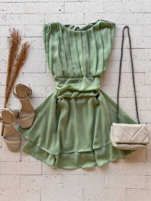 Dondoca_com_br Vestido Curto Com Short Embutido Chifon Detalhe Pregas Pistache