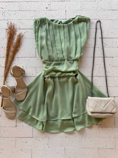 Dondoca_com_br Vestido Curto Com Short Embutido Chifon Detalhe Pregas Pistache