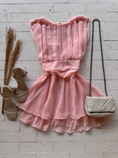 Dondoca_com_br Vestido Curto Com Short Embutido Chifon Detalhe Pregas Rosa