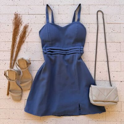 Dondoca_com_br Vestido Curto Com Short Embutido Detalhe Pregas E Botoes Petroleo
