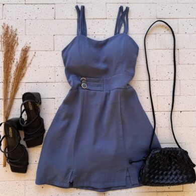 Dondoca_com_br Vestido Curto Com Short Embutido E Botoes Na Cintura Petroleo
