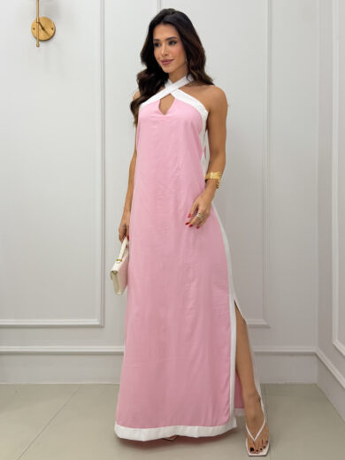 Dondoca_com_br Vestido Longo Bicolor Com Fendas Rosa