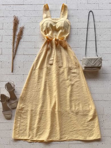 Dondoca_com_br Vestido Longuete Alca Larga E Cinto Faixa Amarelo