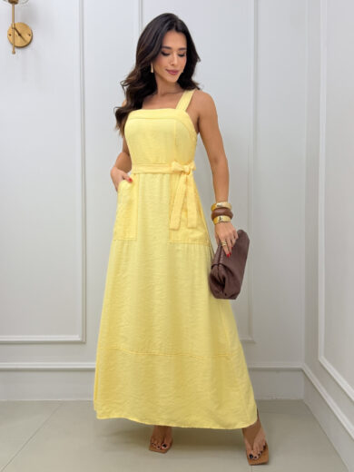 Dondoca_com_br Vestido Longuete Alca Larga E Cinto Faixa Amarelo