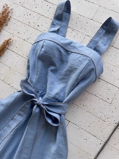 Dondoca_com_br Vestido Longuete Alca Larga E Cinto Faixa Azul