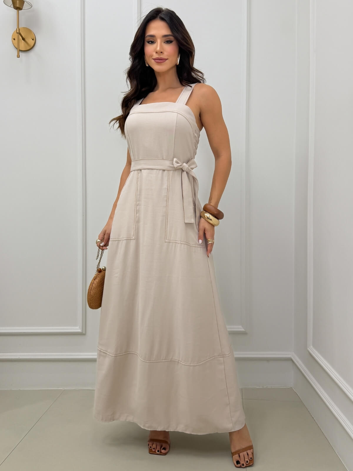 Dondoca_com_br Vestido Longuete Alca Larga E Cinto Faixa Bege