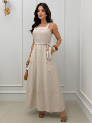 Dondoca_com_br Vestido Longuete Alca Larga E Cinto Faixa Bege