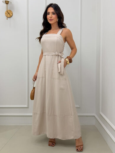 Dondoca_com_br Vestido Longuete Alca Larga E Cinto Faixa Bege