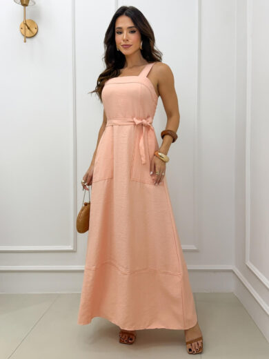 Dondoca_com_br Vestido Longuete Alca Larga E Cinto Faixa Laranja