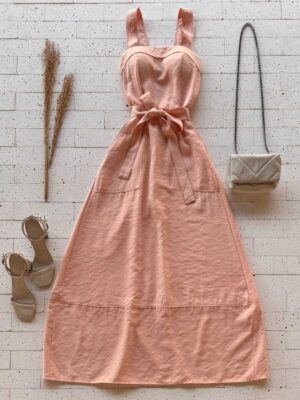 Dondoca_com_br Vestido Longuete Alca Larga E Cinto Faixa Laranja