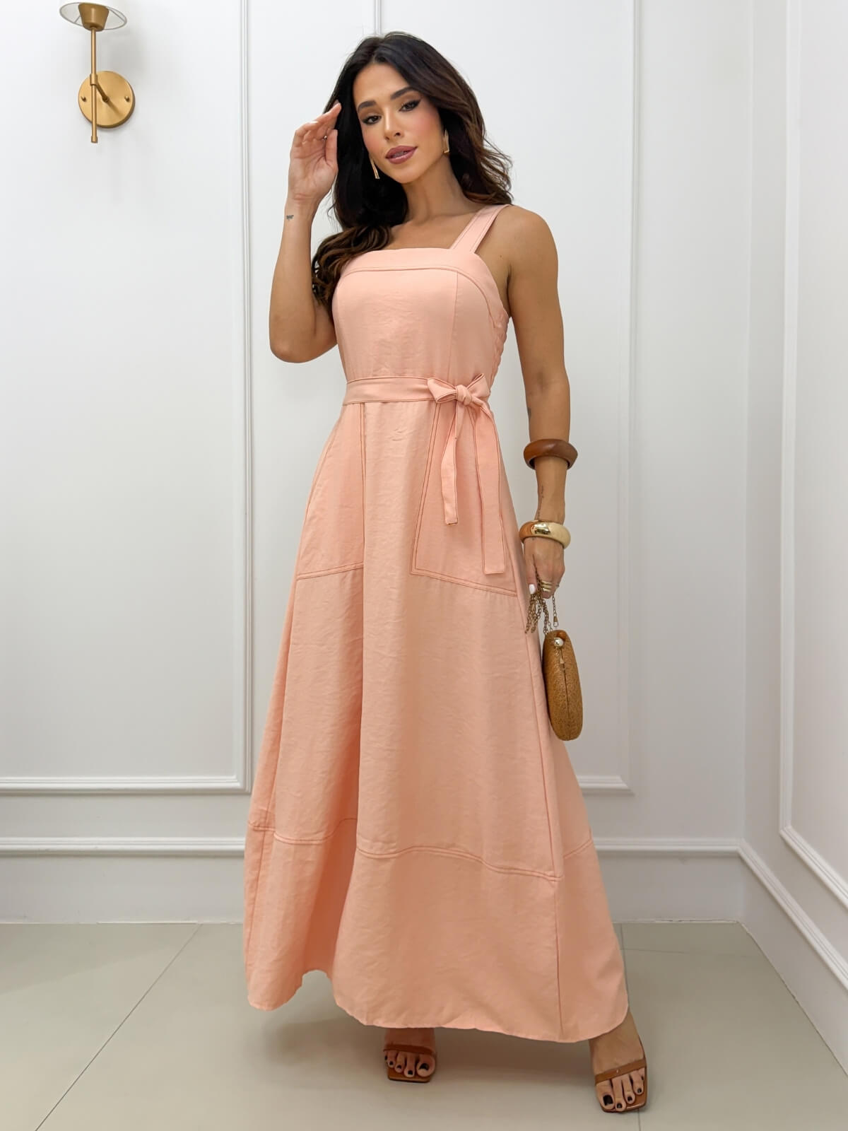 Dondoca_com_br Vestido Longuete Alca Larga E Cinto Faixa Laranja