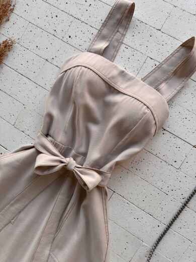 Dondoca_com_br Vestido Longuete Alca Larga E Cinto Faixa Nude