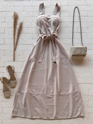 Dondoca_com_br Vestido Longuete Alca Larga E Cinto Faixa Nude