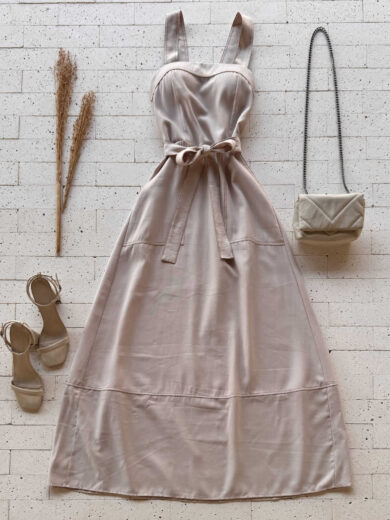 Dondoca_com_br Vestido Longuete Alca Larga E Cinto Faixa Nude
