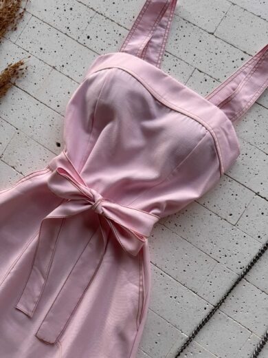 Dondoca_com_br Vestido Longuete Alca Larga E Cinto Faixa Rosa