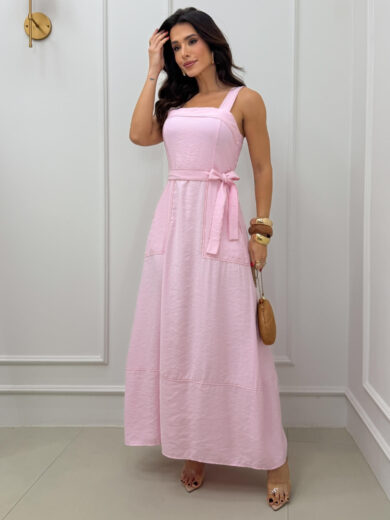 Dondoca_com_br Vestido Longuete Alca Larga E Cinto Faixa Rosa