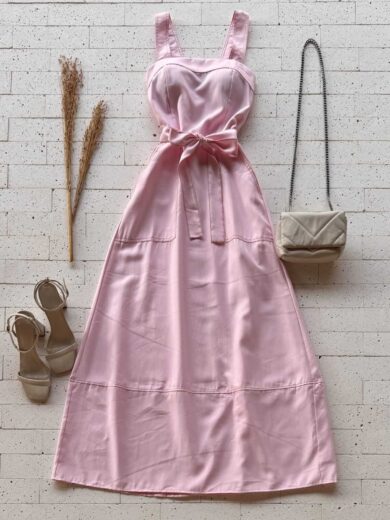 Dondoca_com_br Vestido Longuete Alca Larga E Cinto Faixa Rosa