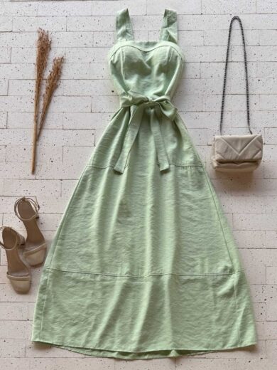 Dondoca_com_br Vestido Longuete Alca Larga E Cinto Faixa Verde