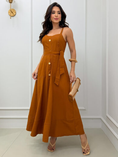 Dondoca_com_br Vestido Longuete Pespontado Com Bolsos E Botoes Caramelo