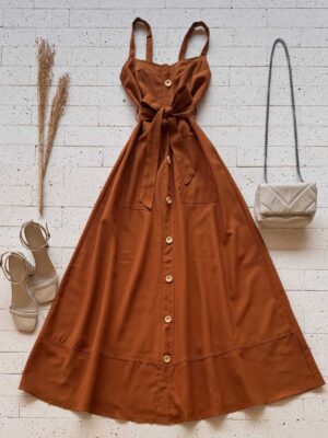 Dondoca_com_br Vestido Longuete Pespontado Com Bolsos E Botoes Caramelo
