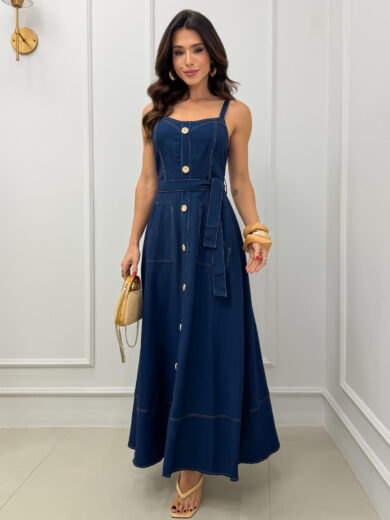 Dondoca_com_br Vestido Longuete Pespontado Com Bolsos E Botoes Marinho