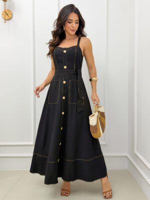 Dondoca_com_br Vestido Longuete Pespontado Com Bolsos E Botoes Preto