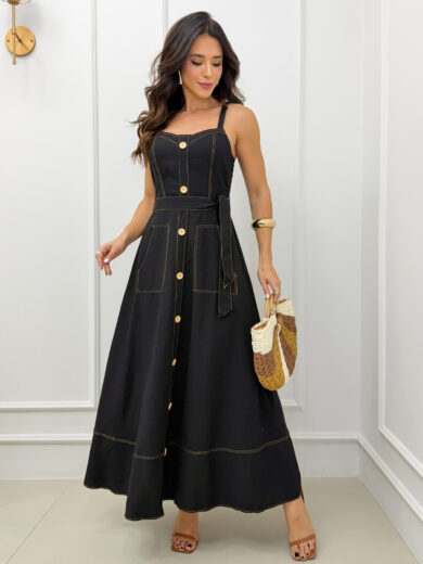 Dondoca_com_br Vestido Longuete Pespontado Com Bolsos E Botoes Preto
