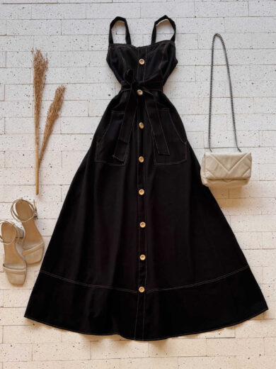 Dondoca_com_br Vestido Longuete Pespontado Com Bolsos E Botoes Preto