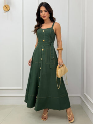 Dondoca_com_br Vestido Longuete Pespontado Com Bolsos E Botoes Verde