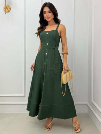 Dondoca_com_br Vestido Longuete Pespontado Com Bolsos E Botoes Verde