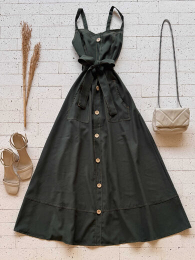 Dondoca_com_br Vestido Longuete Pespontado Com Bolsos E Botoes Verde